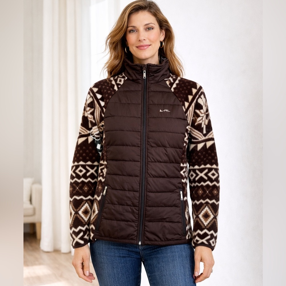 LRL Ralph Lauren Womens Small Petite Quilted Fleece Jacket Nordic Aztec Full Zip